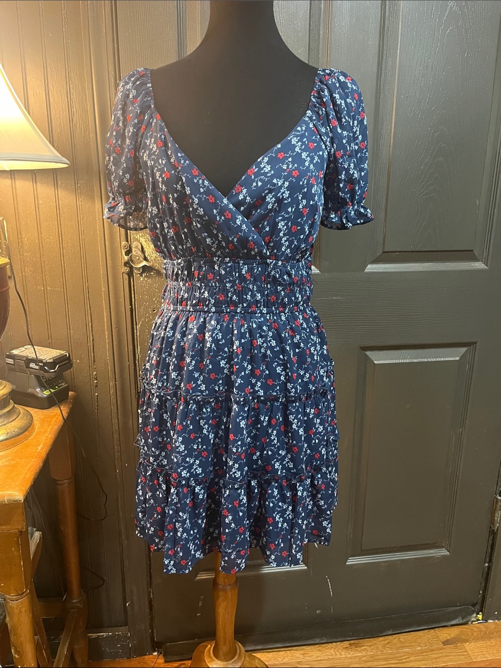 Juniors Navy Floral mini Dress with Smocked Waist